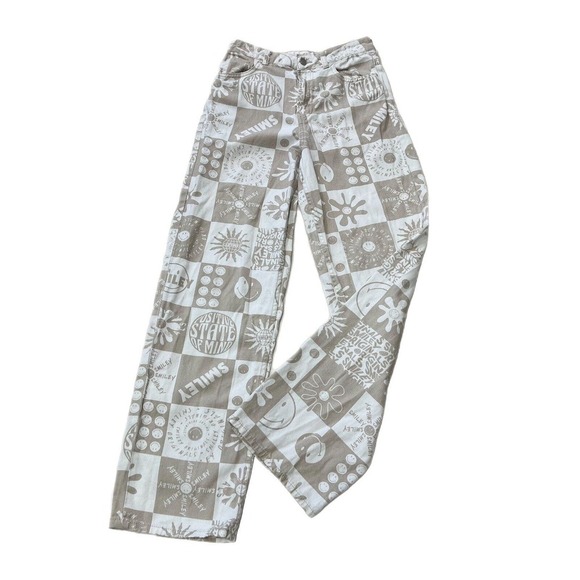 Smiley X H&M Denim Pants Women Size 2 High Rise Wide Leg Beige All Over Print - Picture 1 of 14